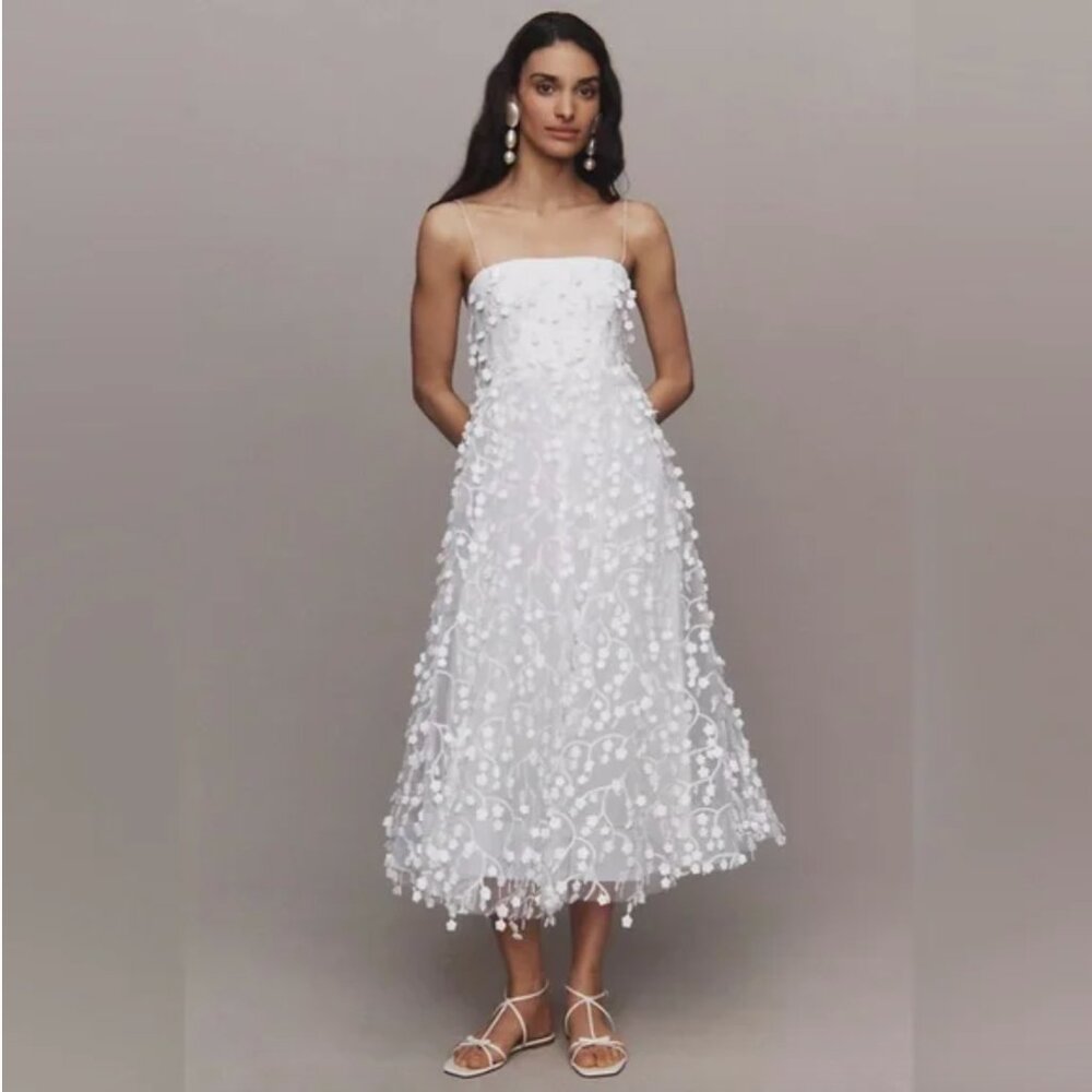 NWT BHLDN Strapless 3D Floral Vine Fit & Flare Midi Wedding Bridal White Dress 1
